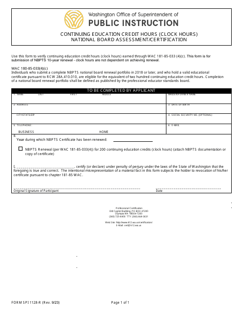 Form SPI1128-R Continuing Education Credit Hours (Clock Hours) National Board Assessment/Certification - Washington