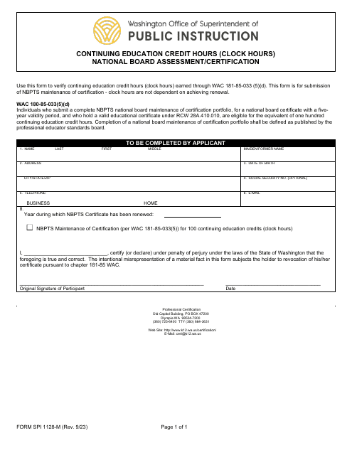Form SPI1128-M Continuing Education Credit Hours (Clock Hours) National Board Assessment/Certification - Washington