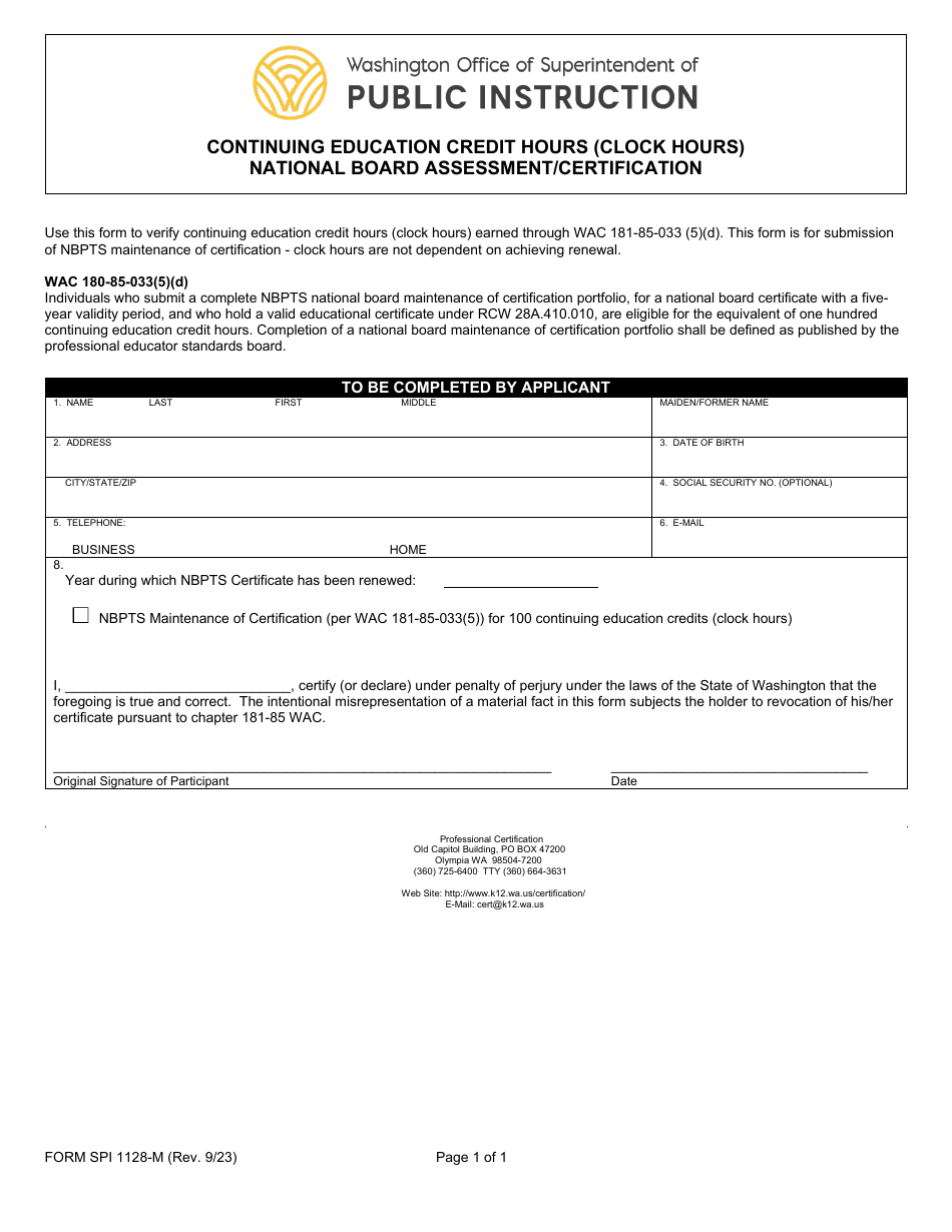 Form SPI1128-M Continuing Education Credit Hours (Clock Hours) National Board Assessment / Certification - Washington, Page 1