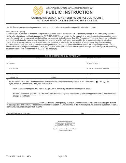 Form SPI1128-2 Continuing Education Credit Hours (Clock Hours) National Board Assessment/Certification - Washington
