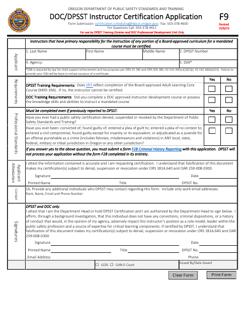 Form F9 Doc/Dpsst Instructor Certification Application - Oregon