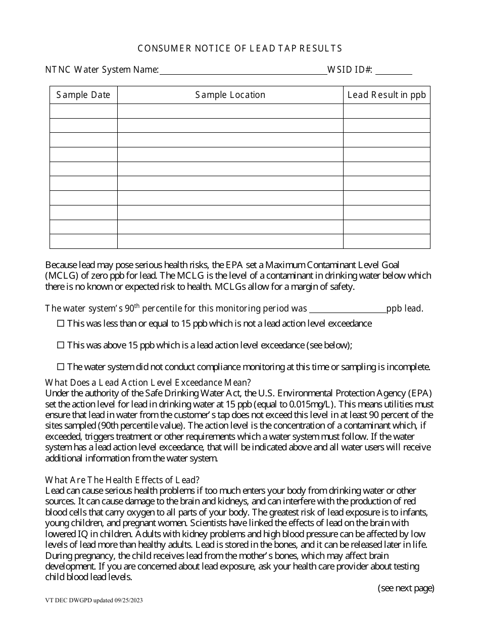 Consumer Notice of Lead Tap Results - Vermont, Page 4