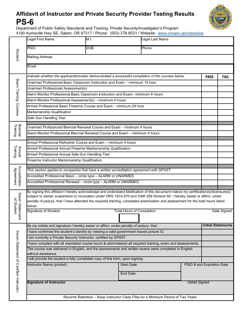 Form PS-6 Affidavit of Instructor and Private Security Provider Testing Results - Oregon
