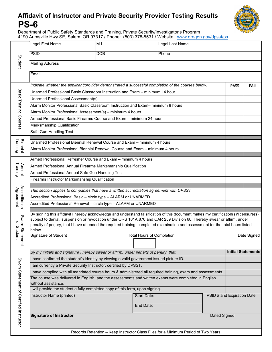 Form PS-6 Affidavit of Instructor and Private Security Provider Testing Results - Oregon, Page 1