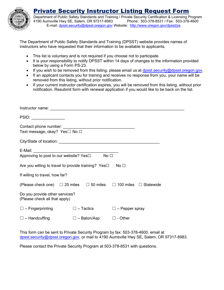 Private Security Instructor Listing Request Form - Oregon, Page 1