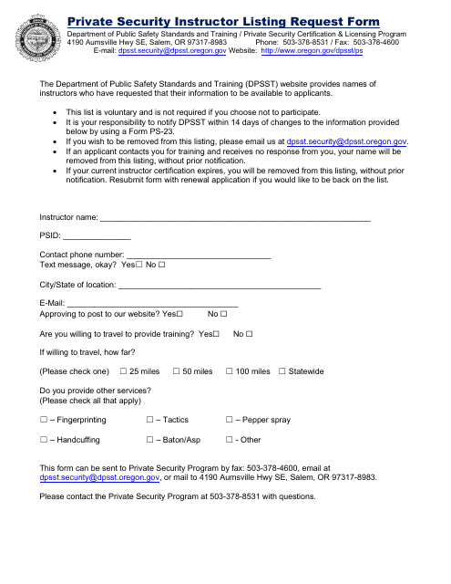 Private Security Instructor Listing Request Form - Oregon Download Pdf