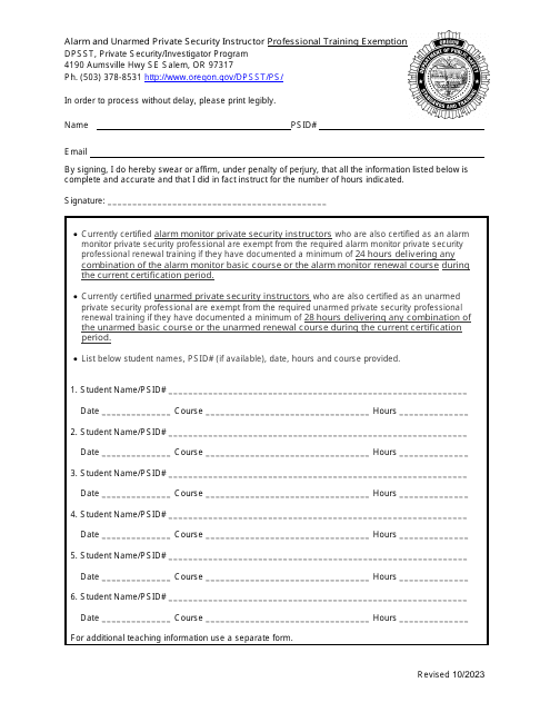 Alarm and Unarmed Private Security Instructor Professional Training Exemption - Oregon Download Pdf
