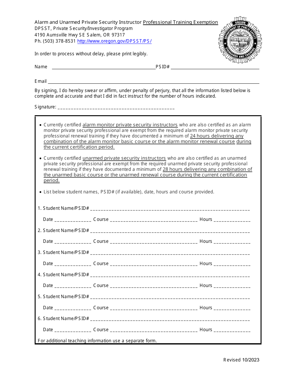 Alarm and Unarmed Private Security Instructor Professional Training Exemption - Oregon, Page 1