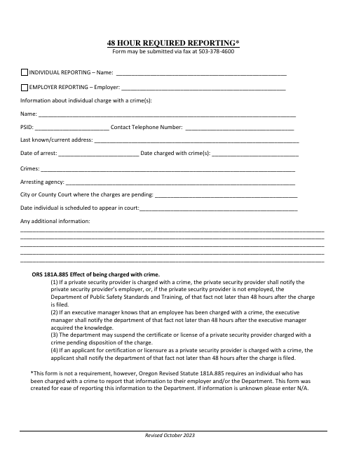 48 Hour Criminal Charge Required Reporting Form - Oregon