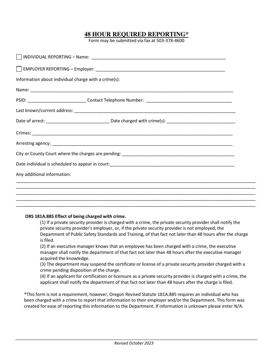 48 Hour Criminal Charge Required Reporting Form - Oregon, Page 1