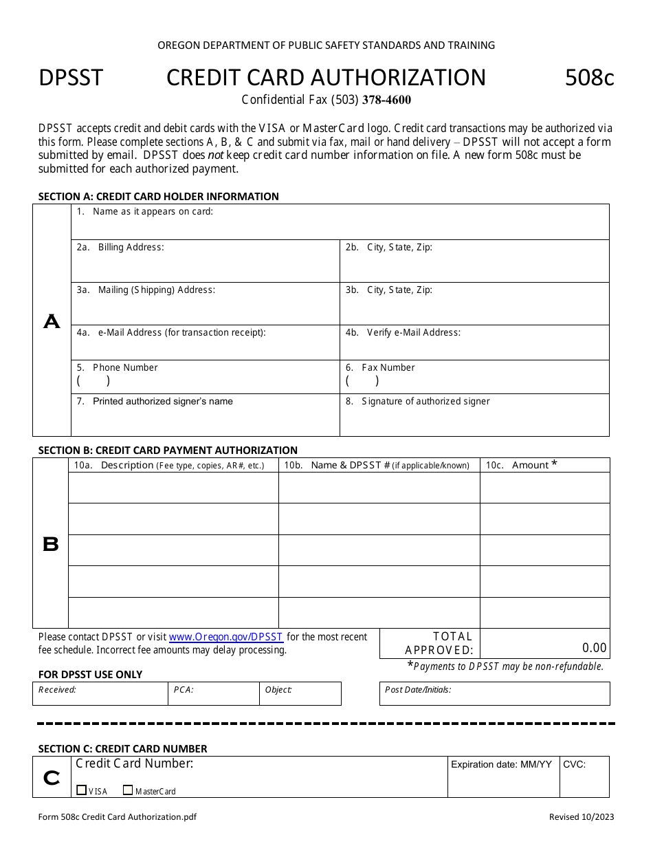 Form 508C Credit Card Authorization - Oregon, Page 1