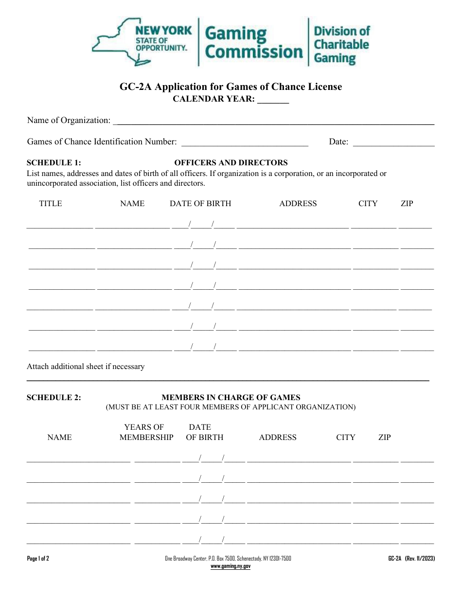 Form GC-2A Application for Games of Chance License (Cont.) - New York, Page 1