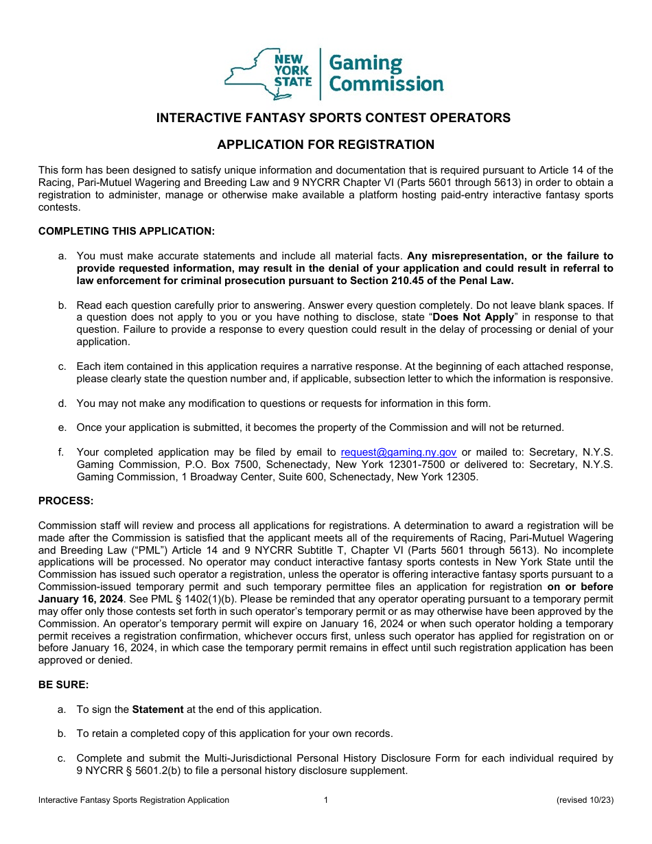 Interactive Fantasy Sports Contest Operators Application for Registration - New York, Page 1