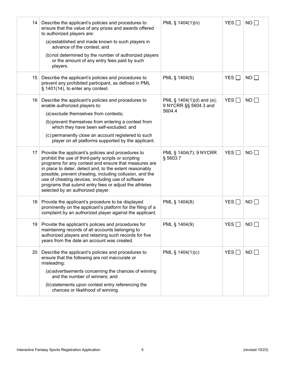 Interactive Fantasy Sports Contest Operators Application for Registration - New York, Page 5