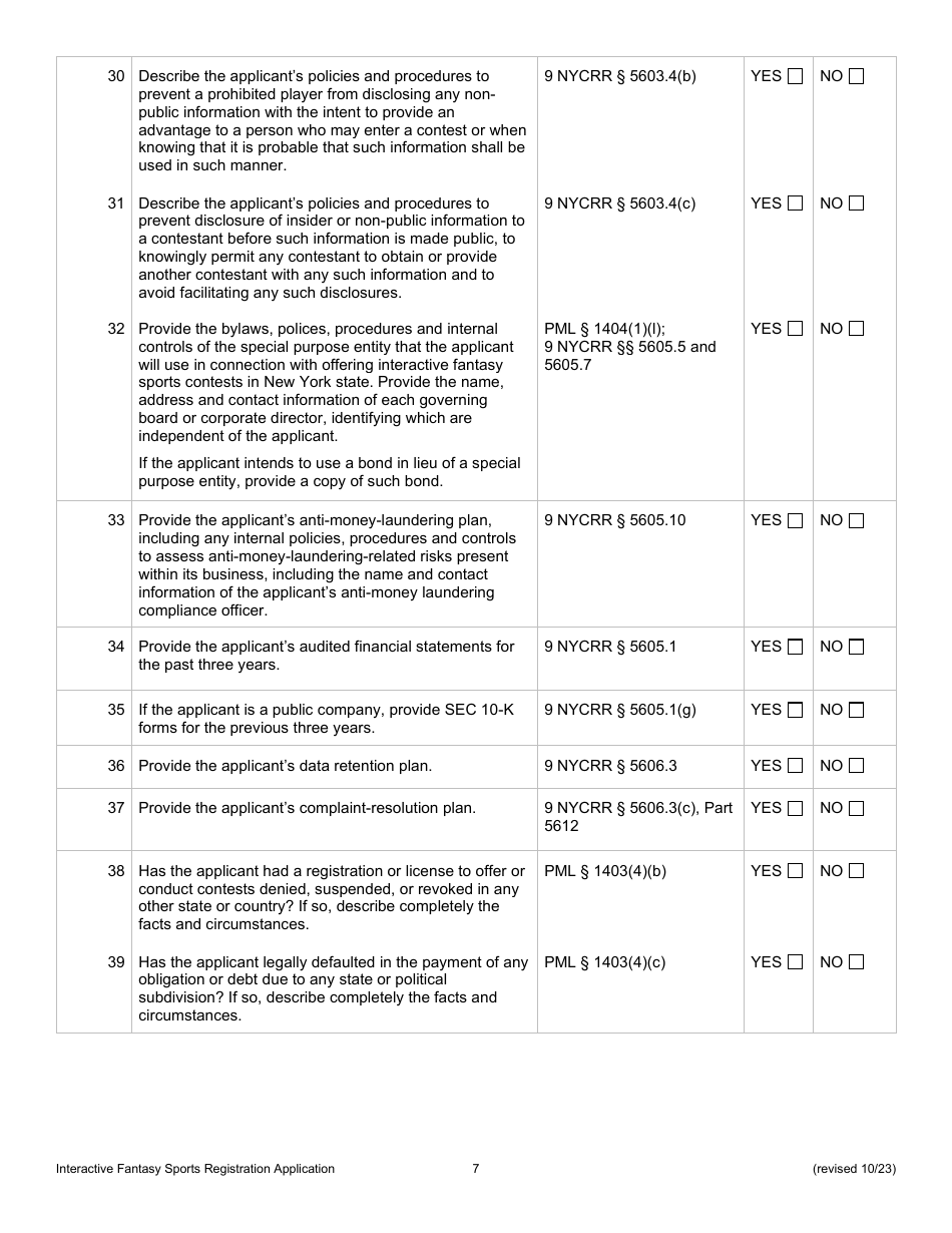 Interactive Fantasy Sports Contest Operators Application for Registration - New York, Page 7