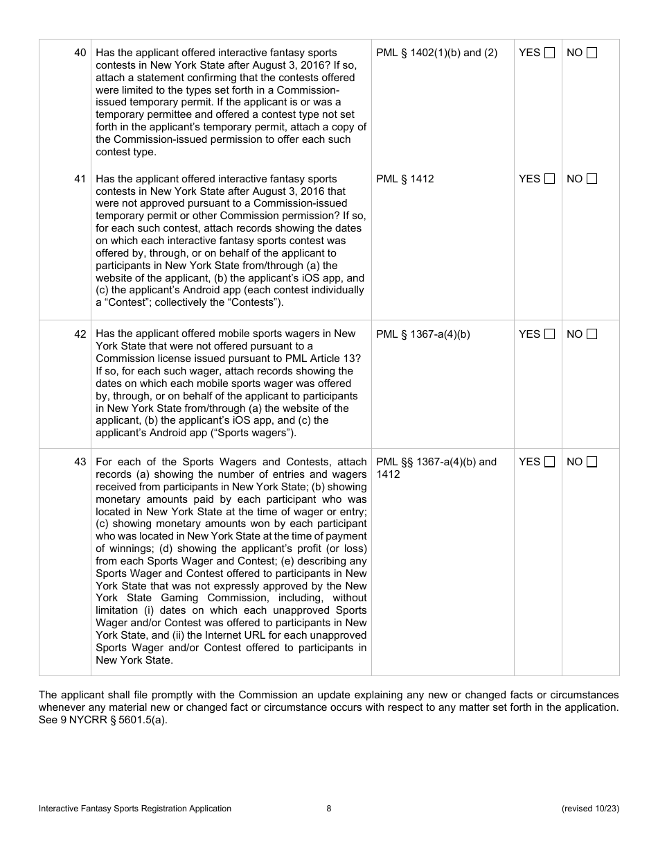 Interactive Fantasy Sports Contest Operators Application for Registration - New York, Page 8