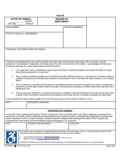 Form M (AD-P-1031) Waiver of Indictment - Hawaii