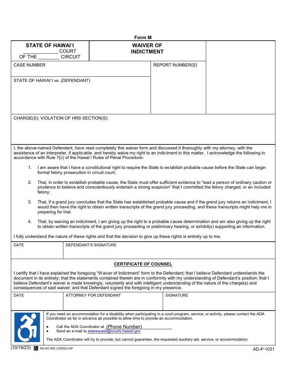 Form M (AD-P-1031) Waiver of Indictment - Hawaii, Page 1