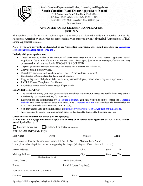 Form DOC305 Appraiser Parea Licensing Application - South Carolina