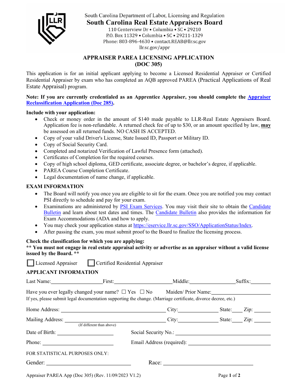 Form DOC305 Appraiser Parea Licensing Application - South Carolina, Page 1