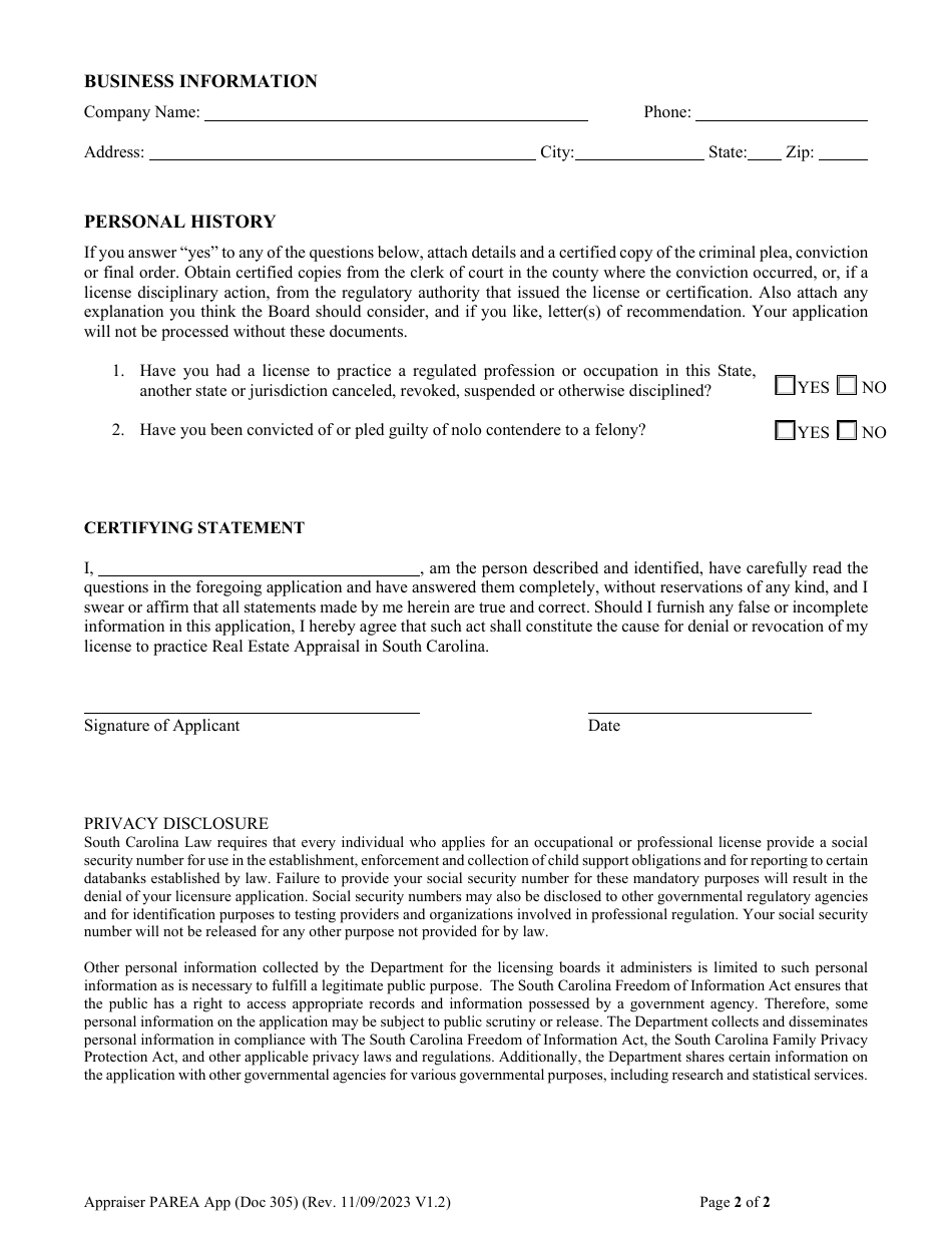 Form DOC305 Appraiser Parea Licensing Application - South Carolina, Page 2