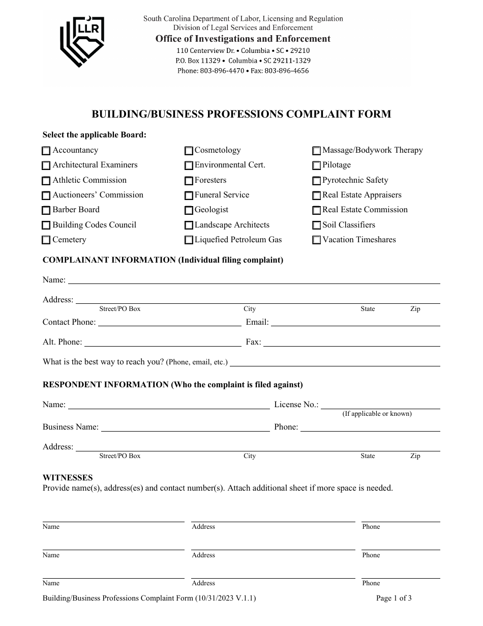 Building / Business Professions Complaint Form - South Carolina, Page 1
