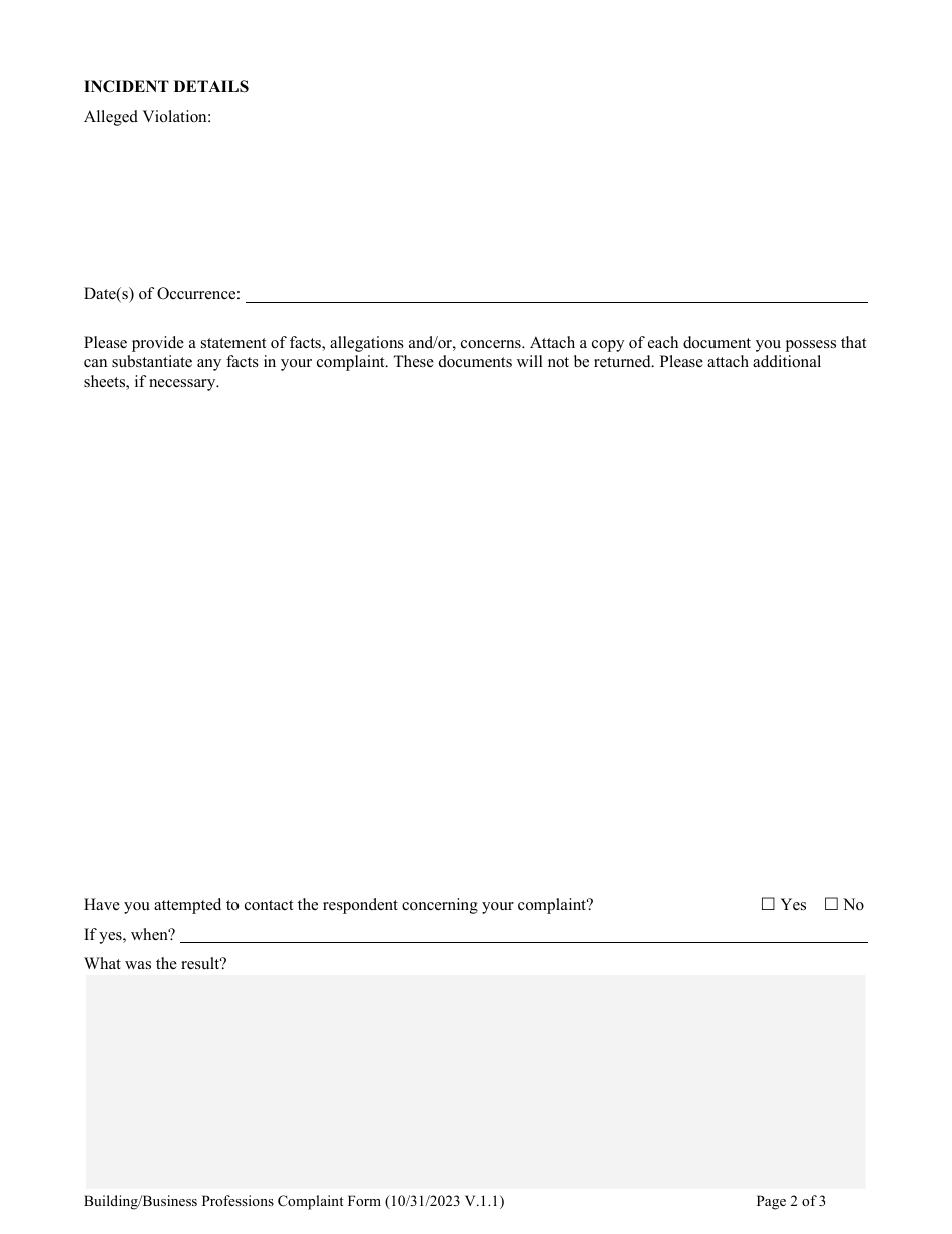 Building / Business Professions Complaint Form - South Carolina, Page 2