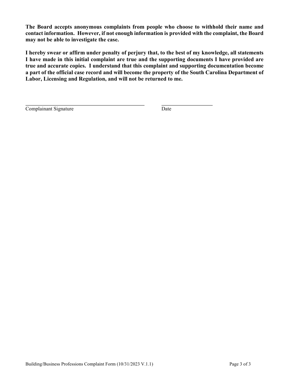 Building / Business Professions Complaint Form - South Carolina, Page 3