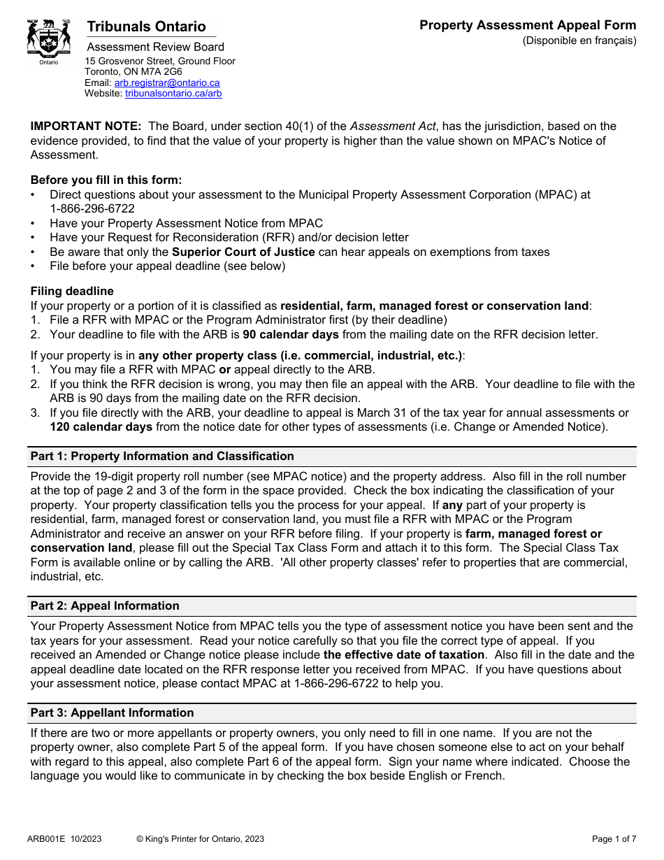 Form ARB001E Property Assessment Appeal Form - Ontario, Canada, Page 1