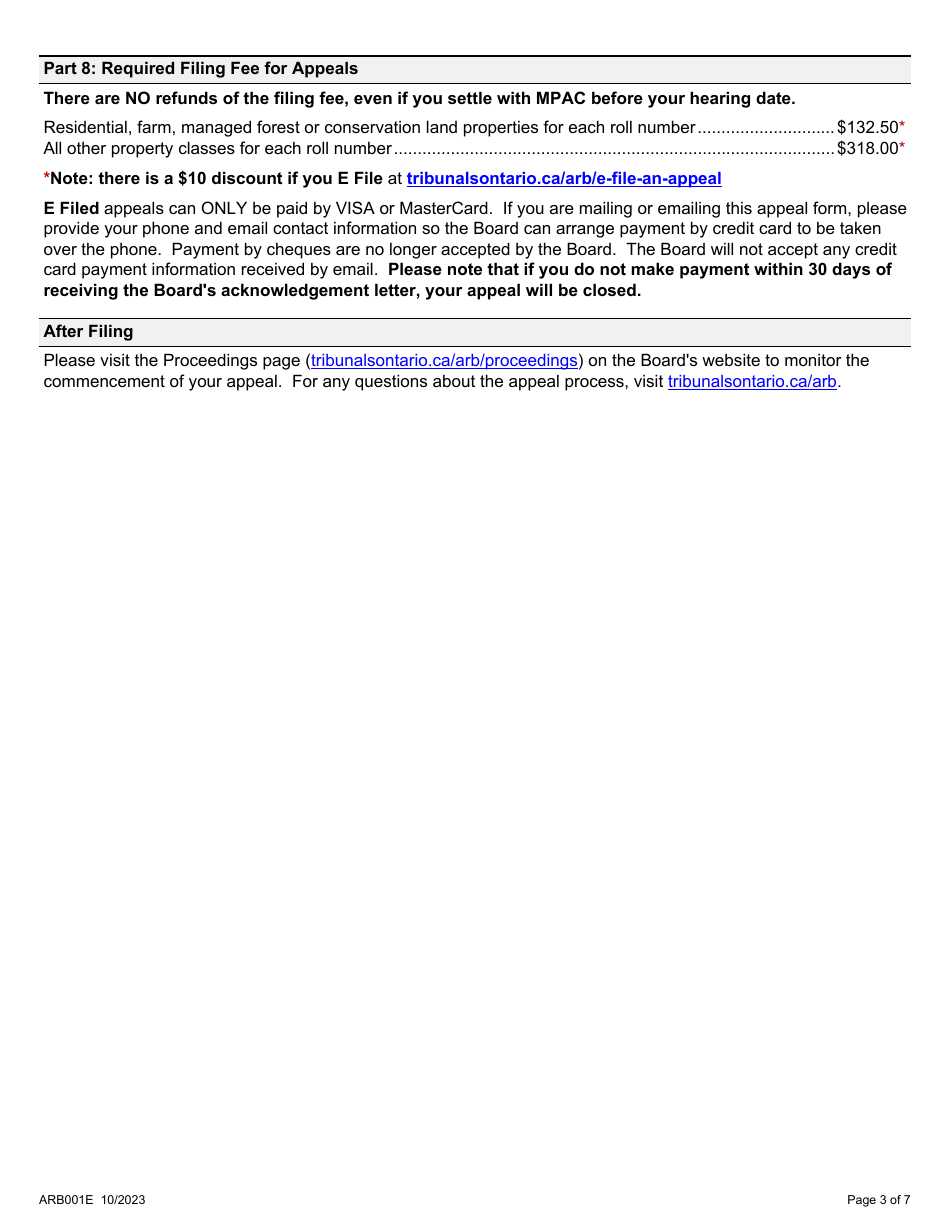 Form ARB001E Property Assessment Appeal Form - Ontario, Canada, Page 3