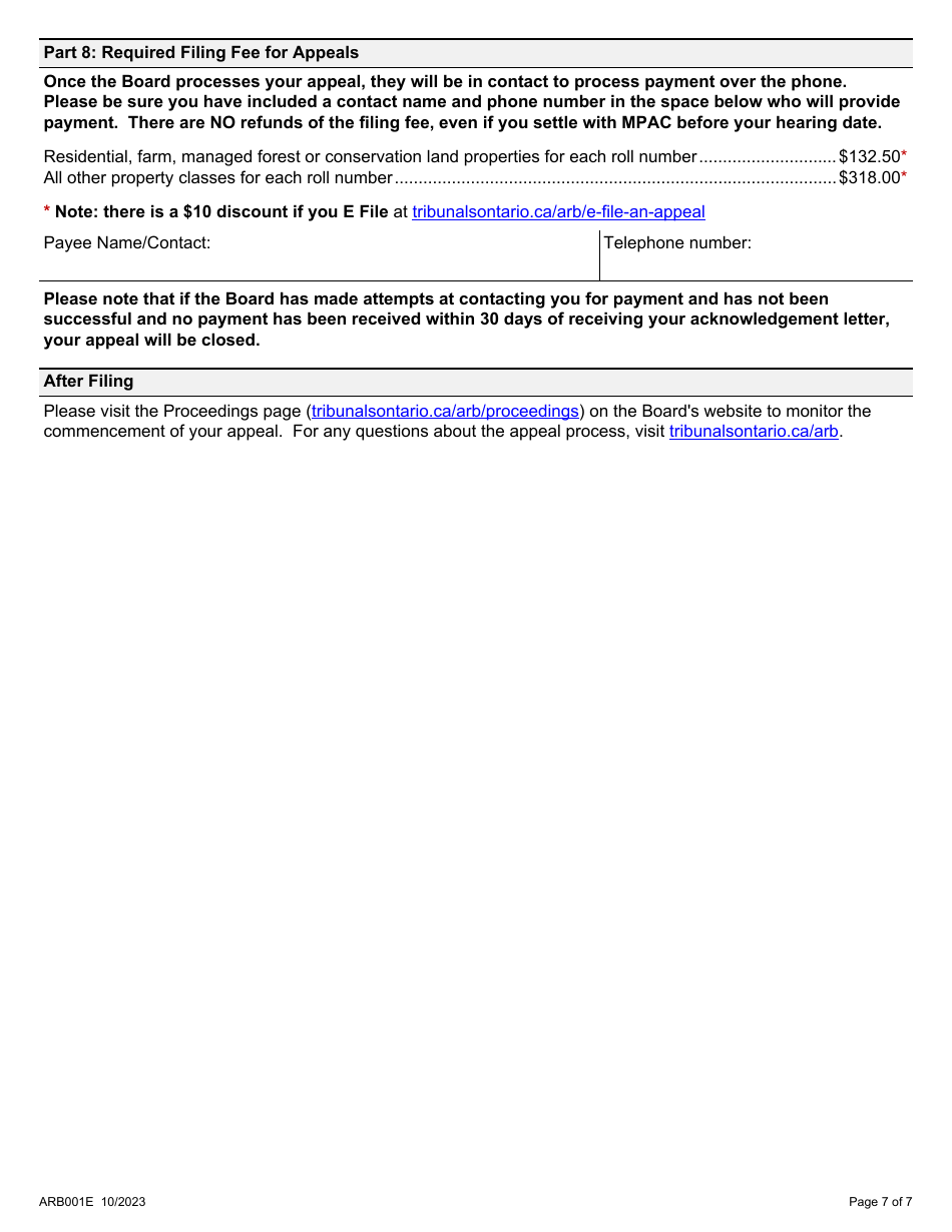 Form ARB001E Property Assessment Appeal Form - Ontario, Canada, Page 7