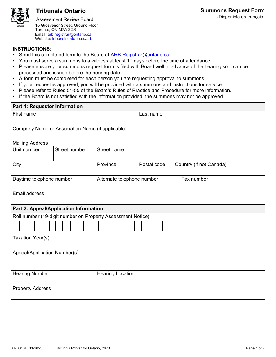 Form ARB013E Summons Request Form - Ontario, Canada, Page 1