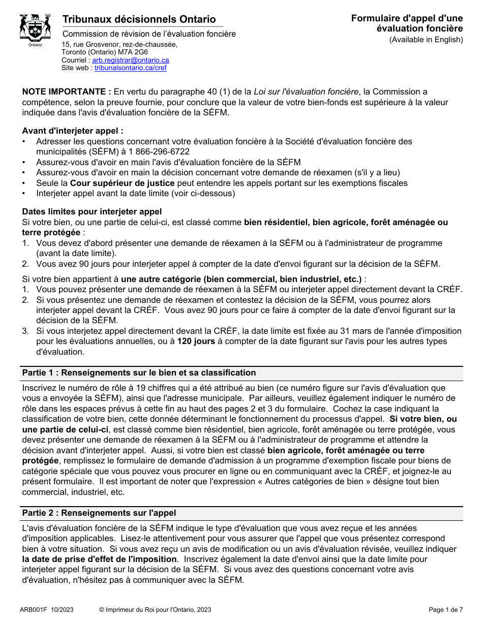 Forme ARB001F Formulaire Dappel Dune Evaluation Fonciere - Ontario, Canada (French), Page 1