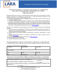 Document preview: Consent for Medical Treatment, Procedure, or Examination Involving Vaginal or Anal Penetration of a Minor Under Mcl 333.16279 - Michigan
