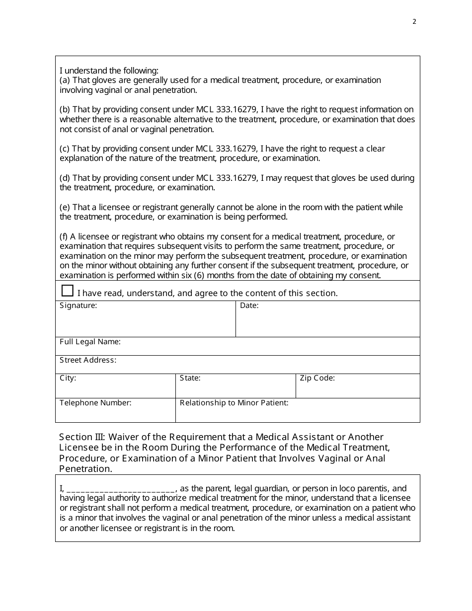 Consent for Medical Treatment, Procedure, or Examination Involving Vaginal or Anal Penetration of a Minor Under Mcl 333.16279 - Michigan, Page 2