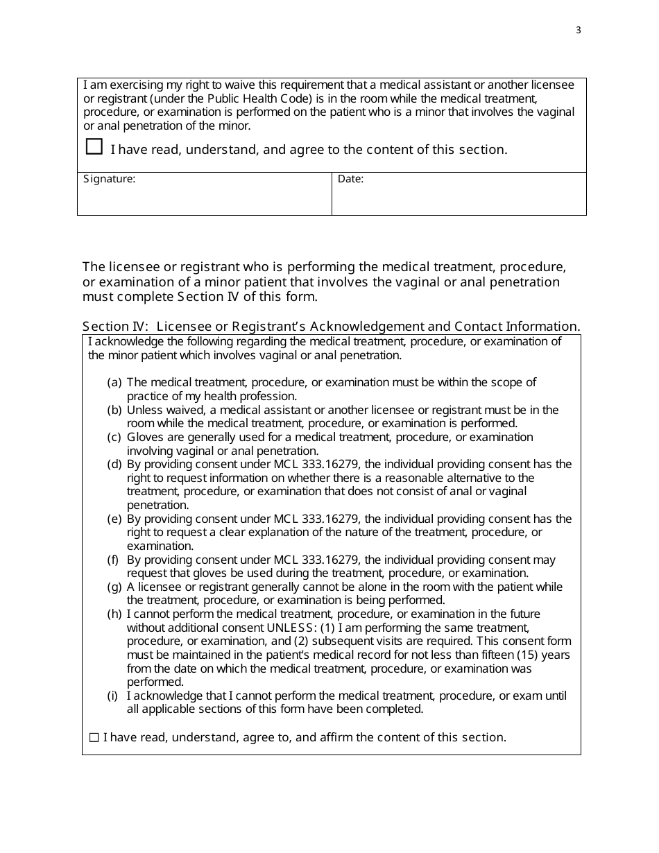 Consent for Medical Treatment, Procedure, or Examination Involving Vaginal or Anal Penetration of a Minor Under Mcl 333.16279 - Michigan, Page 3