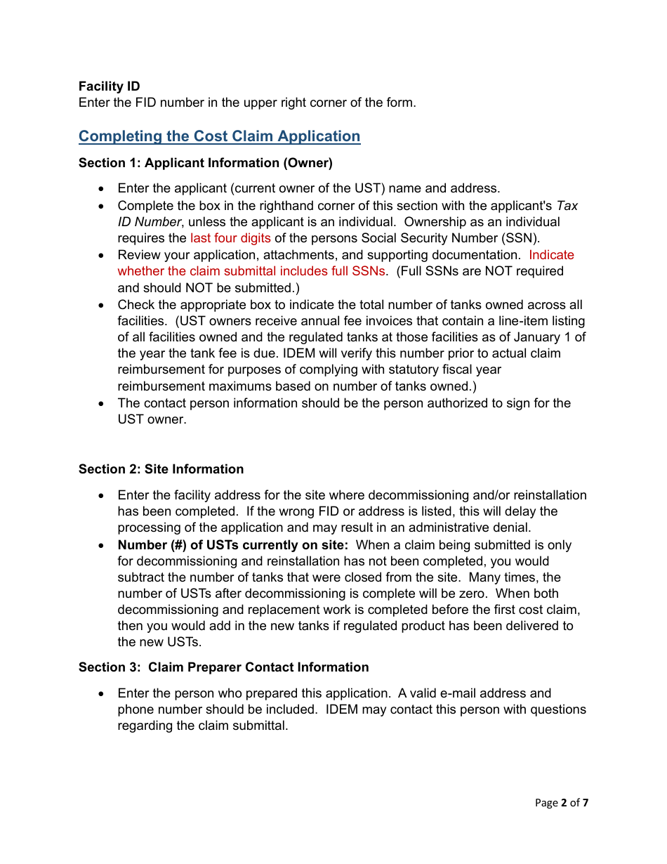 Instructions for State Form 57322 Excess Liability Trust Fund Application for Ust Decommissioning or Replacement Costs - Indiana, Page 2