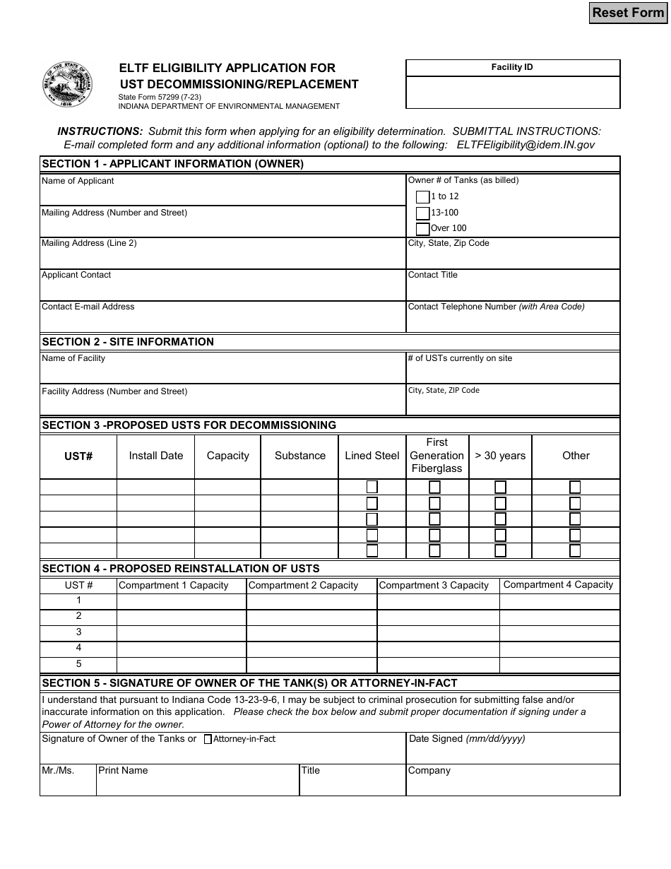 State Form 57299 Eltf Eligibility Application for Ust Decommissioning / Replacement - Indiana, Page 1
