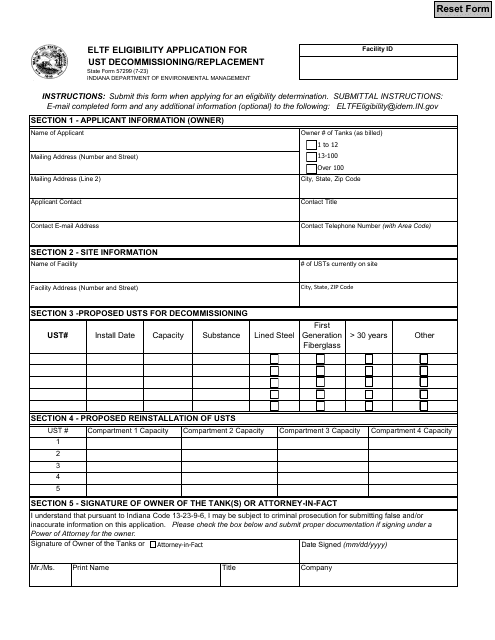 State Form 57299 Eltf Eligibility Application for Ust Decommissioning/Replacement - Indiana