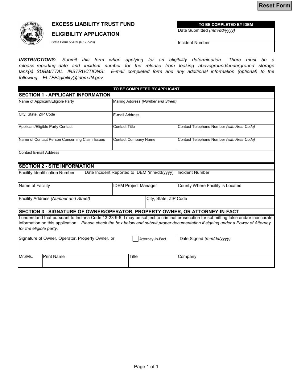 State Form 55459 Excess Liability Trust Fund Eligibility Application - Indiana, Page 1