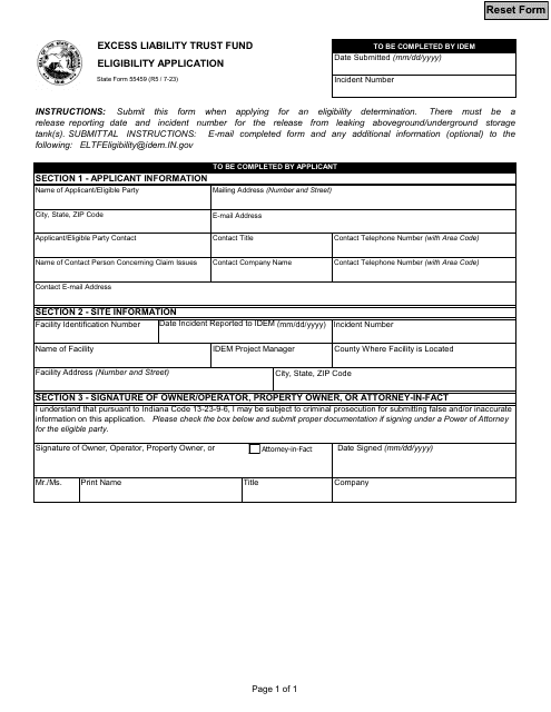 State Form 55459 Excess Liability Trust Fund Eligibility Application - Indiana