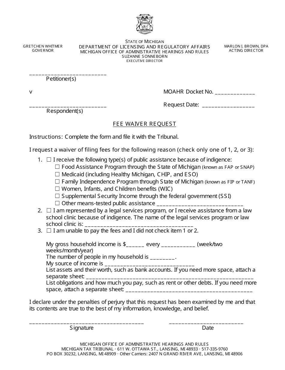 Fee Waiver Request - Michigan, Page 1