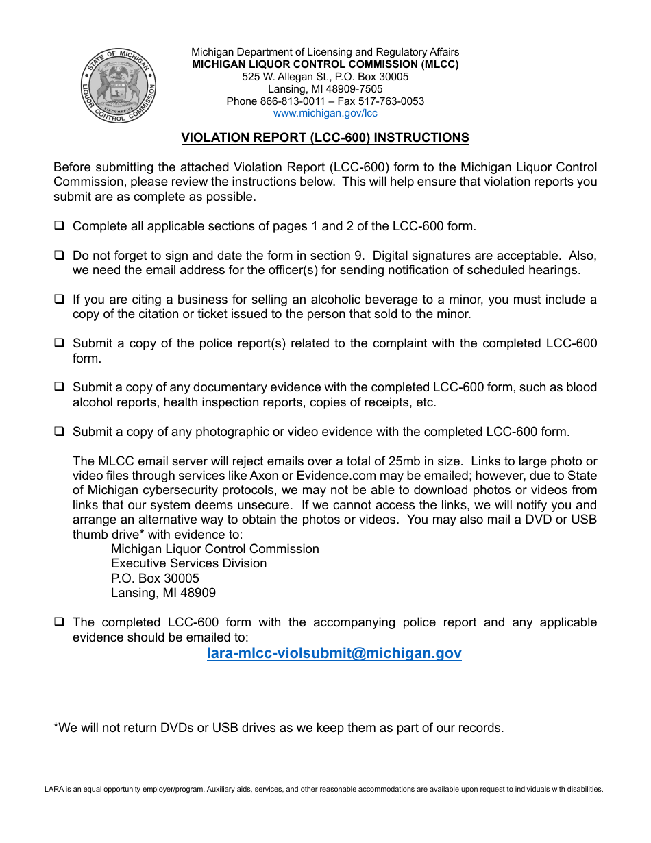 Form LCC-600 Violation Report - Michigan, Page 1