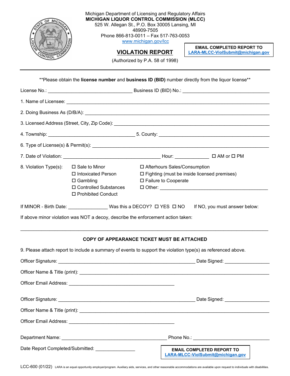 Form LCC-600 Violation Report - Michigan, Page 2