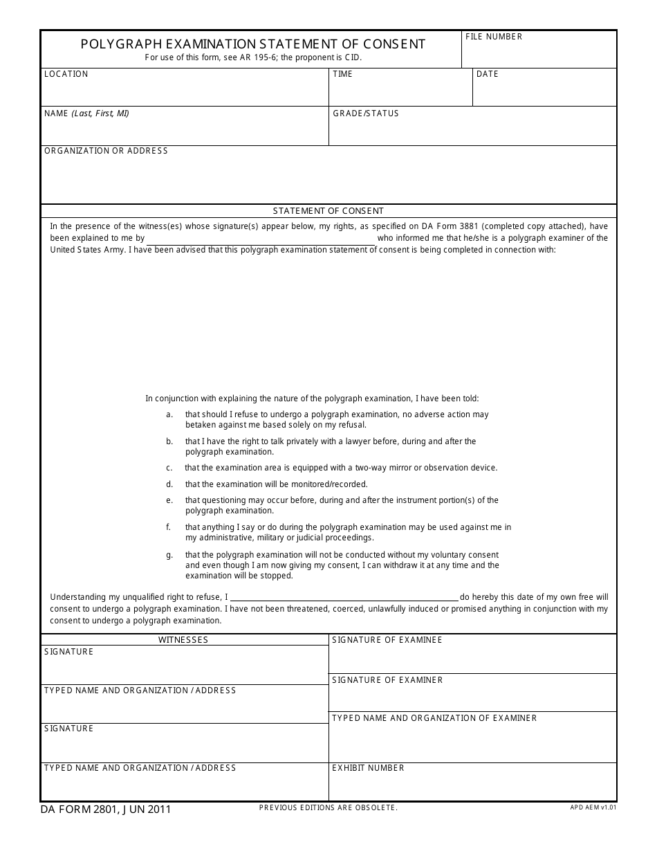 DA Form 2801 Polygraph Examination Statement of Consent, Page 1