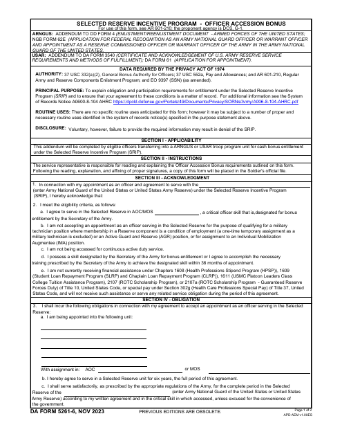 DA Form 5261-6 Selected Reserve Incentive Program - Officer Accession Bonus