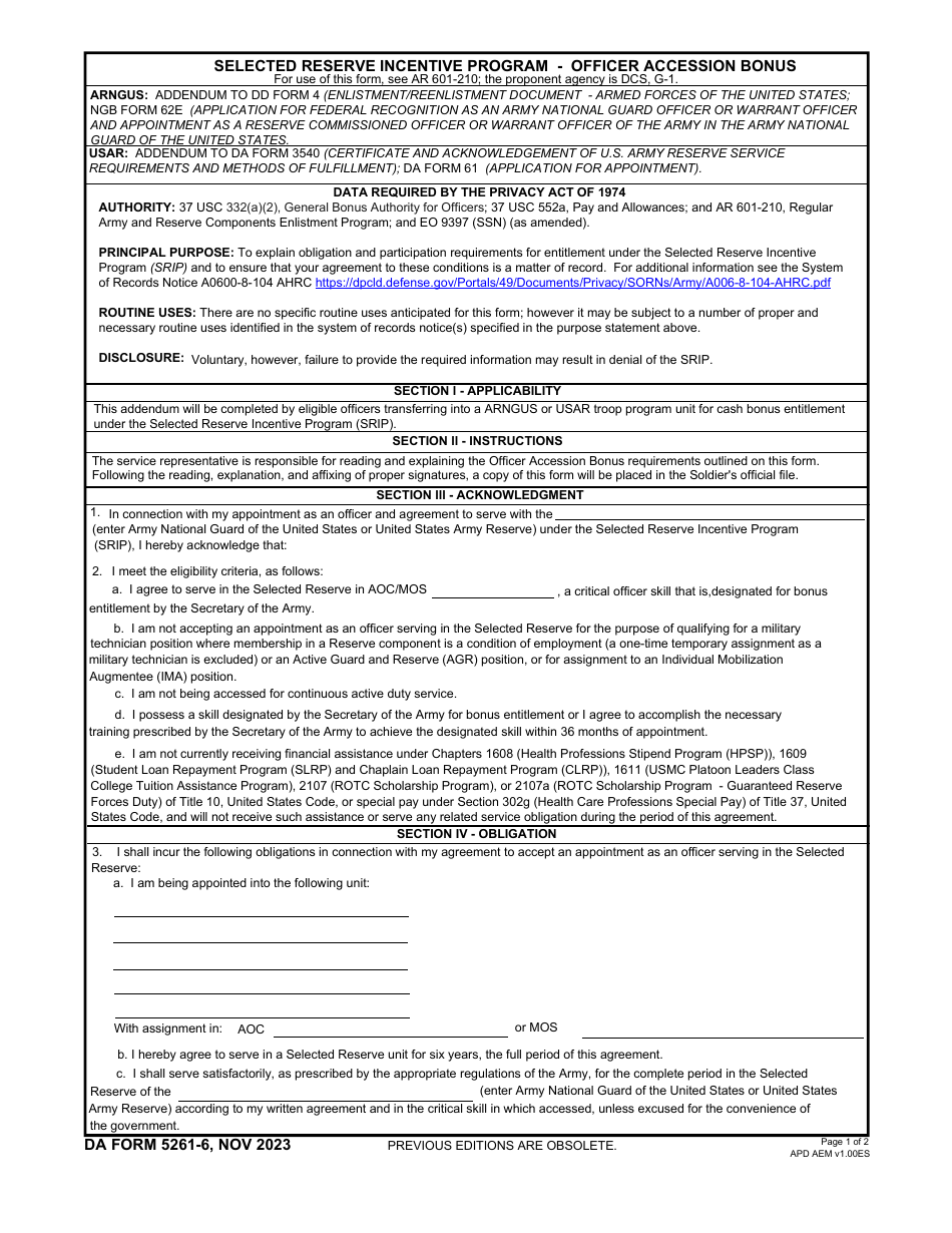 DA Form 5261-6 Selected Reserve Incentive Program - Officer Accession Bonus, Page 1
