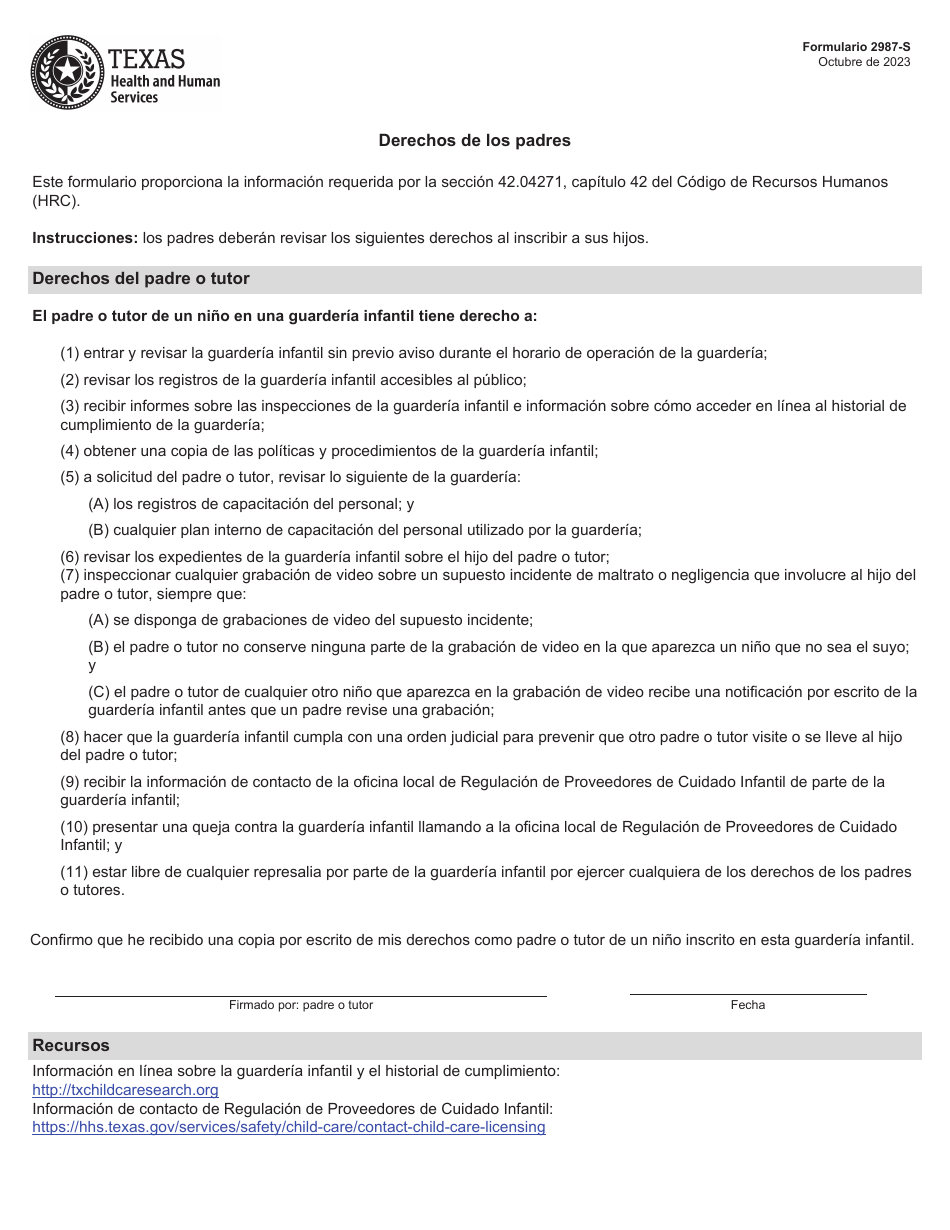 Formulario 2987-S Derechos De Los Padres - Texas (Spanish), Page 1