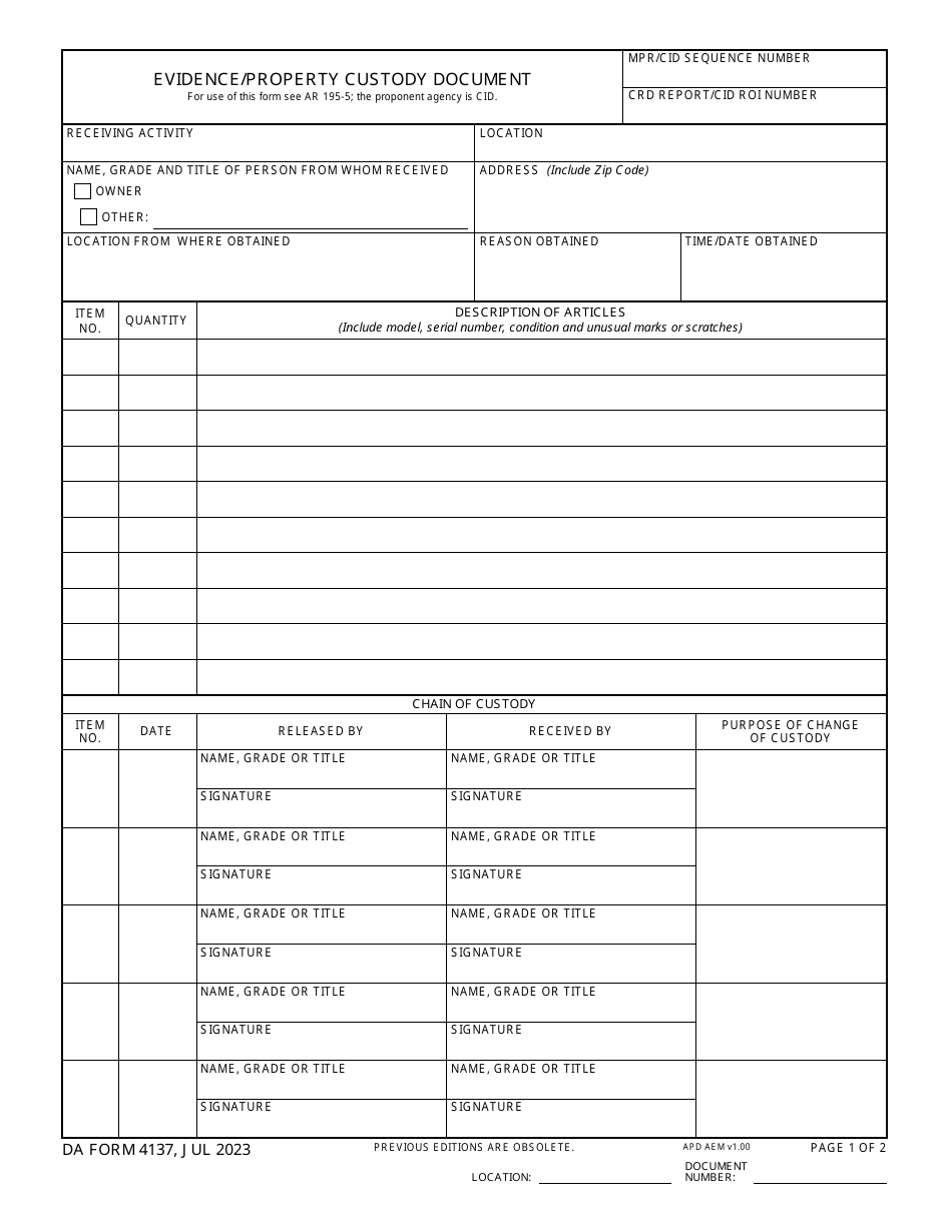 DA Form 4137 Evidence / Property Custody Document, Page 1
