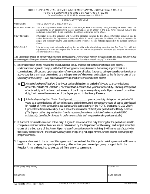 DA Form 591E Rotc Supplemental Service Agreement (Initial Educational Delay)